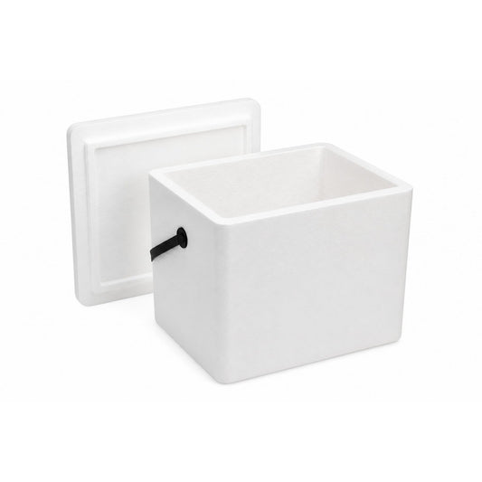 Our 22 quart white foam shipping cooler with the lid leaning against it — photo of the actual product we ship