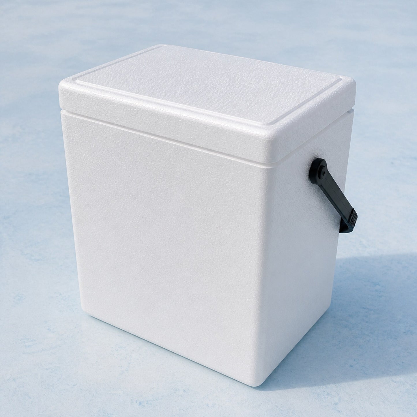 Large white 27 quart foam shipping cooler photographed from a three quarter angle
