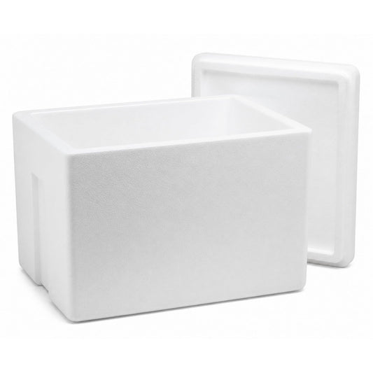 Our 27 quart white foam shipping cooler with the lid off — photo of the actual product we ship