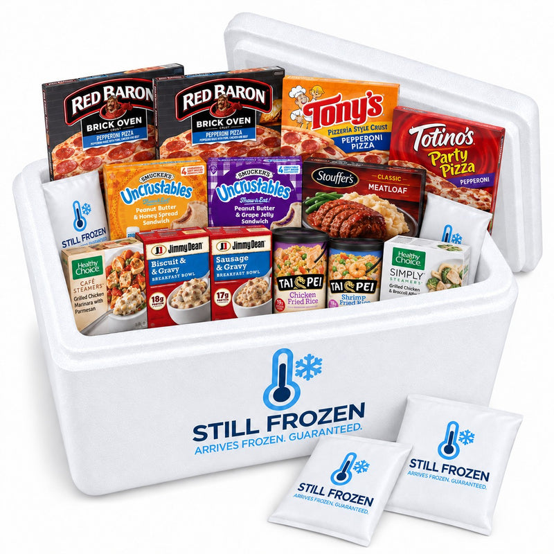 The Best-Sellers Box — Jimmy Dean & Healthy Choice · Cooler XL in a Still Frozen foam cooler with gel packs