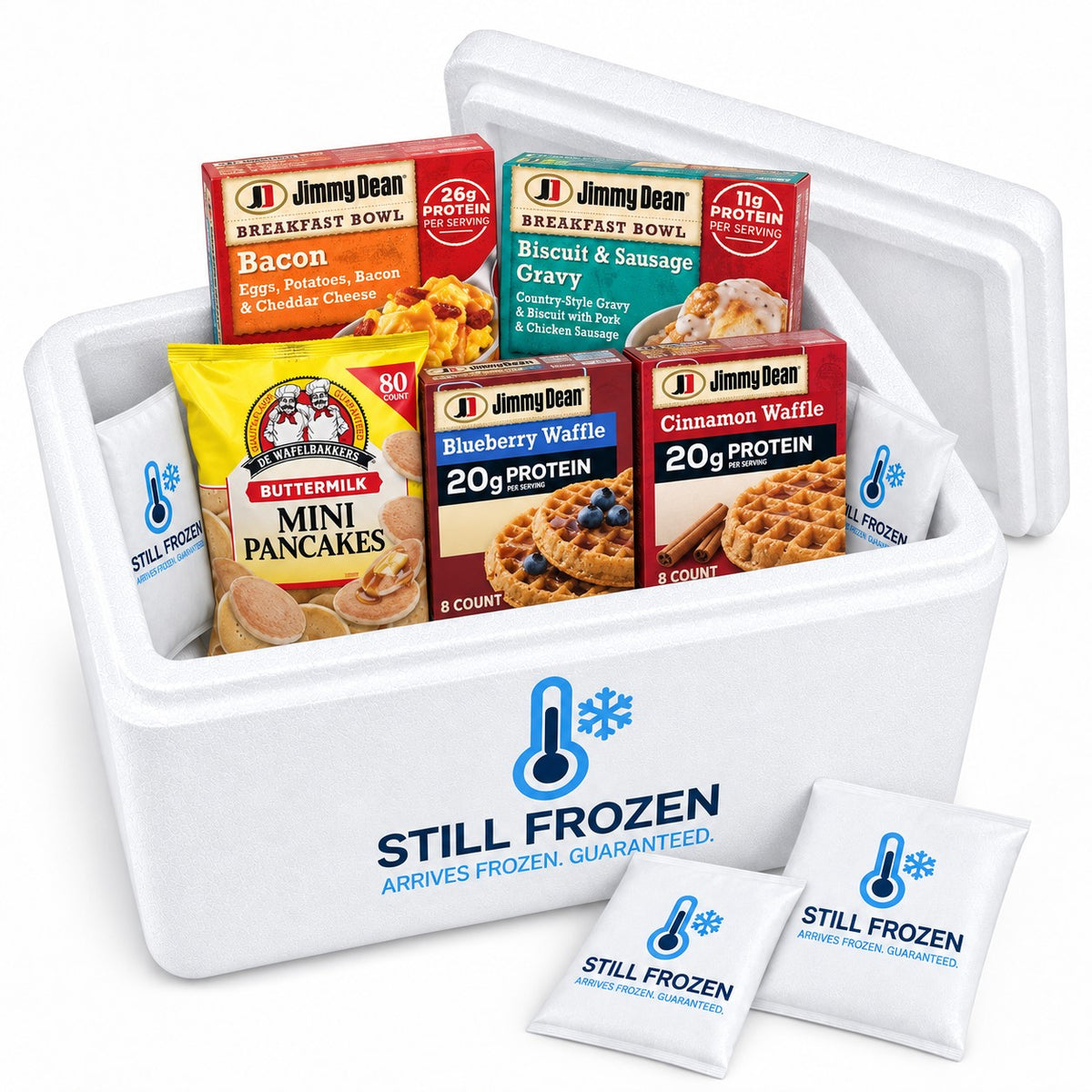 The Bowls & Waffles Box · Cooler S in a Still Frozen foam cooler with gel packs