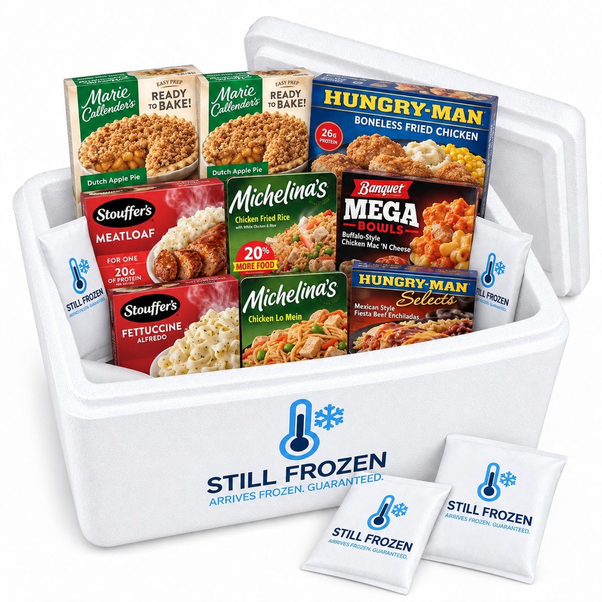 The Comfort Food Box · Cooler XL in a Still Frozen foam cooler with gel packs