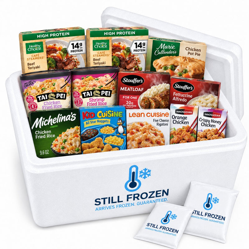 The Easy Dinners Box · Cooler XL in a Still Frozen foam cooler with gel packs