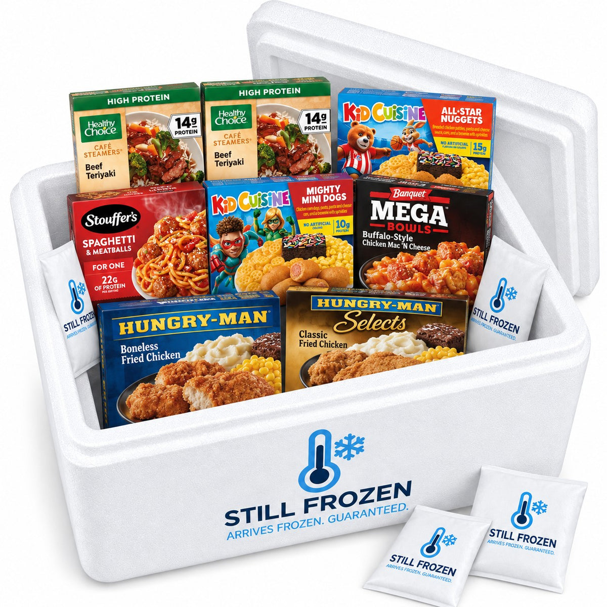 The High-Protein Meals Box · Cooler L in a Still Frozen foam cooler with gel packs