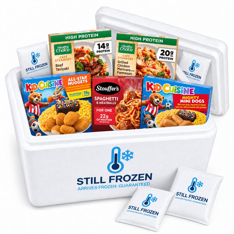 The High-Protein Meals Box · Cooler M in a Still Frozen foam cooler with gel packs