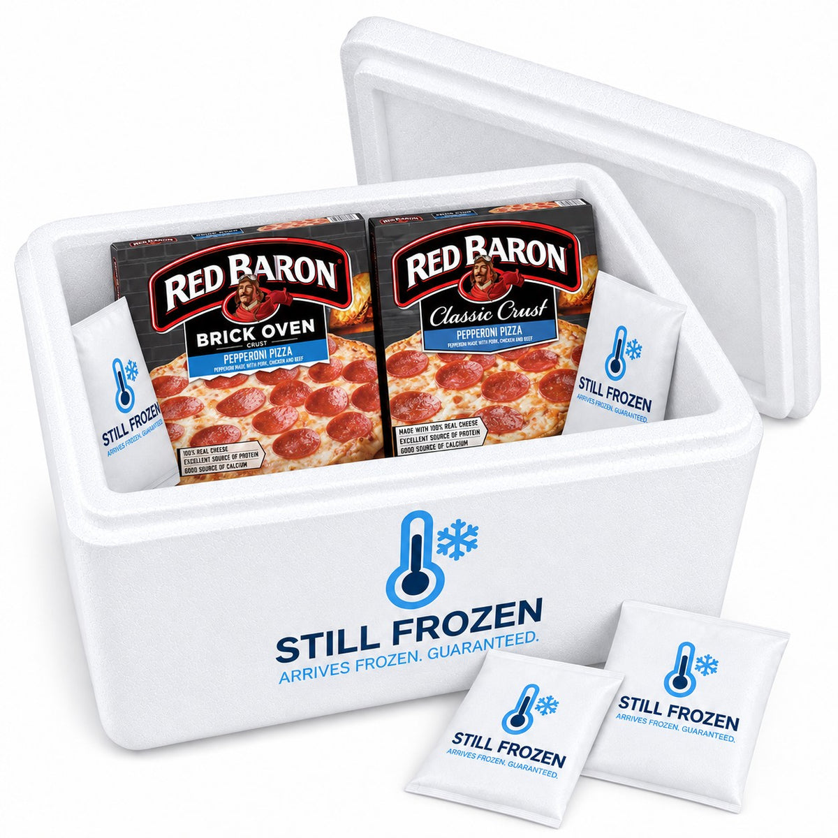 The Red Baron Pizza Box · Cooler S in a Still Frozen foam cooler with gel packs