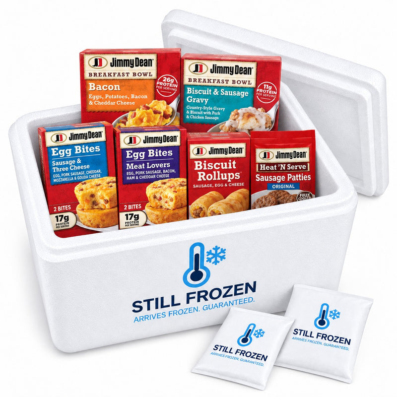 The Sausage & Eggs Box · Cooler S in a Still Frozen foam cooler with gel packs