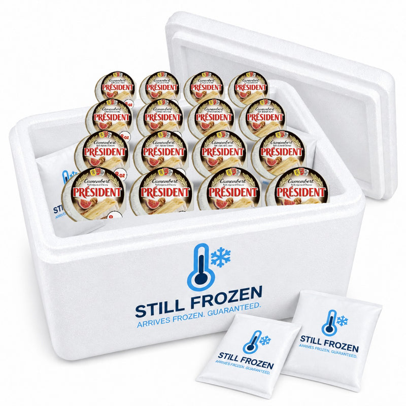 President Camembert Soft-Ripened Cheese, 8 oz (Refrigerated) — Multipack of 16 in a Still Frozen cooler